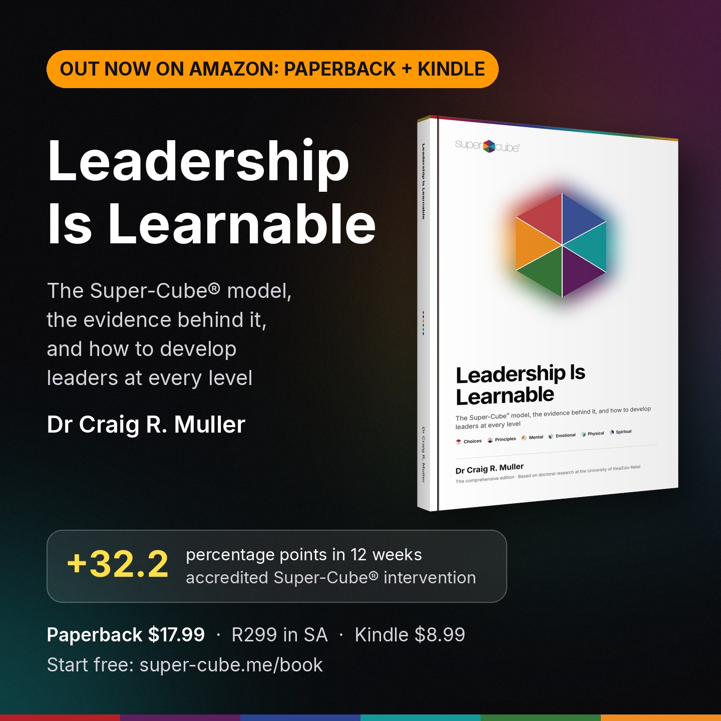 Leadership Is Learnable by Dr Craig R. Muller, out now on Amazon in paperback and Kindle: the white-covered paperback, +32.2 percentage points in 12 weeks with an accredited Super-Cube® intervention, paperback $17.99 or R299 in South Africa, Kindle e-book $8.99, start free at super-cube.me/book